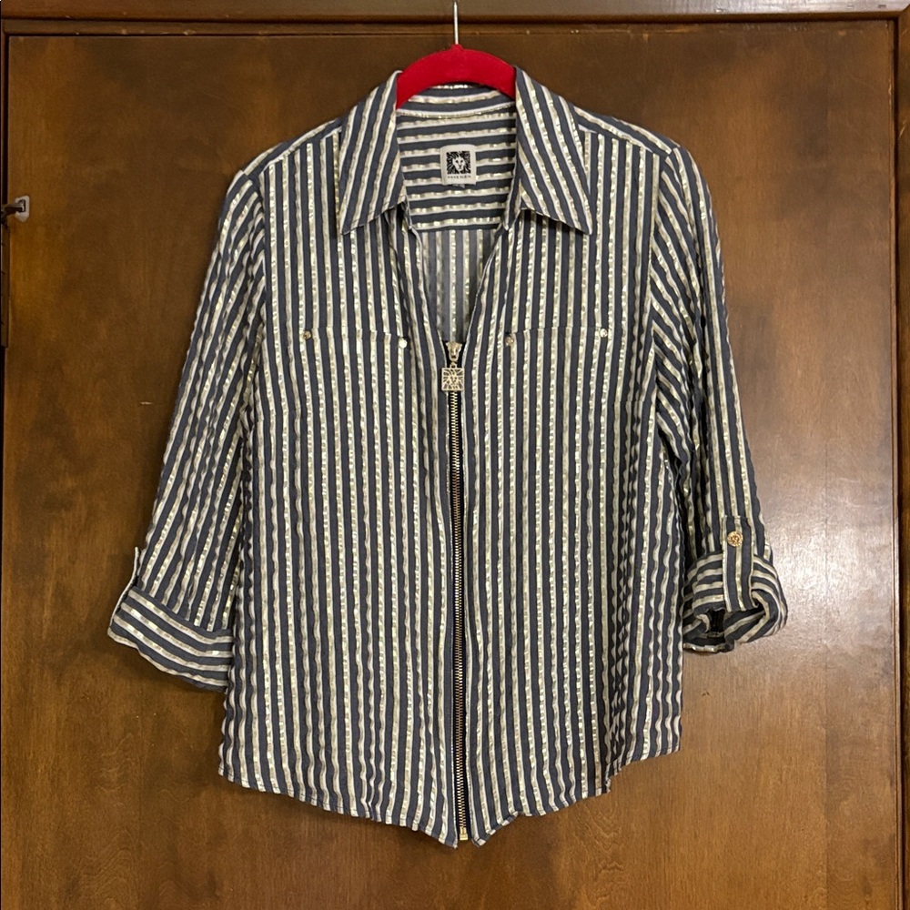 Anne Klein Striped Zip-Up Shirt Gold and kind of a blue charcoal no size tag